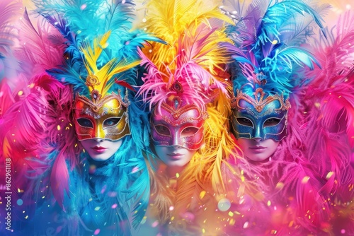 Colorful carnival masks with vibrant feathers, exuding a festive and artistic aura, set against a vivid background of colorful confetti. photo