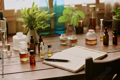 Medium close up of wooden table with small bottles with perfume and perfumers notebook photo