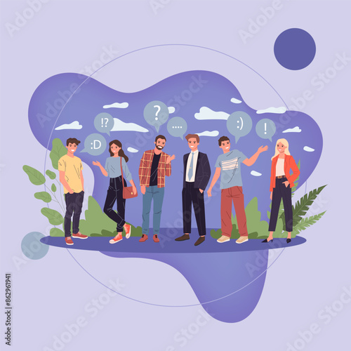 Group of young people talking vector illustration. Social networks, dialogue and conversation concept. Men and women asking, answering questions with speech bubbles