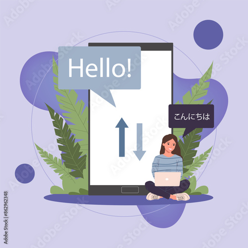 Online multi language translator flat vector illustration. Huge smartphone with translation app. Young woman with laptop learning foreign language via online service. Education concept