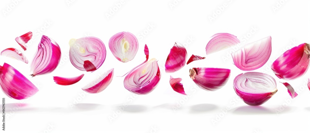 Floating Red Onion Slices on White Background Floating Red Onion Slices on White Background