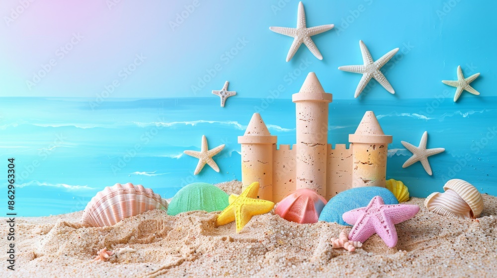 A Playful Beach Scene With a Sandcastle and Seashells A Playful Beach Scene With a Sandcastle and Seashells