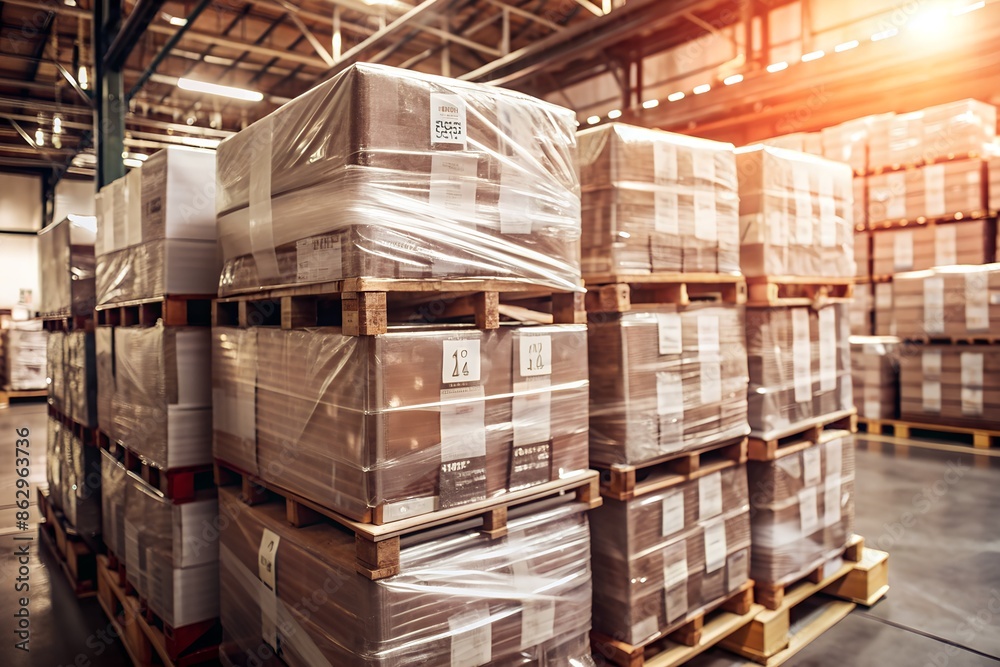 Fototapeta premium Packing goods securely plastic-wrapped pallets in a warehouse for logistics. Ai technology for creative solutions