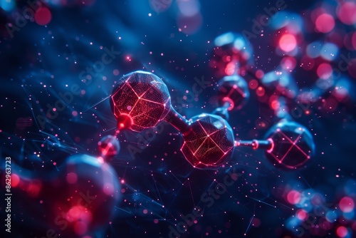 A dynamic 3D render showcasing abstract molecules and atoms in motion, set against a background designed for scientific research themes.