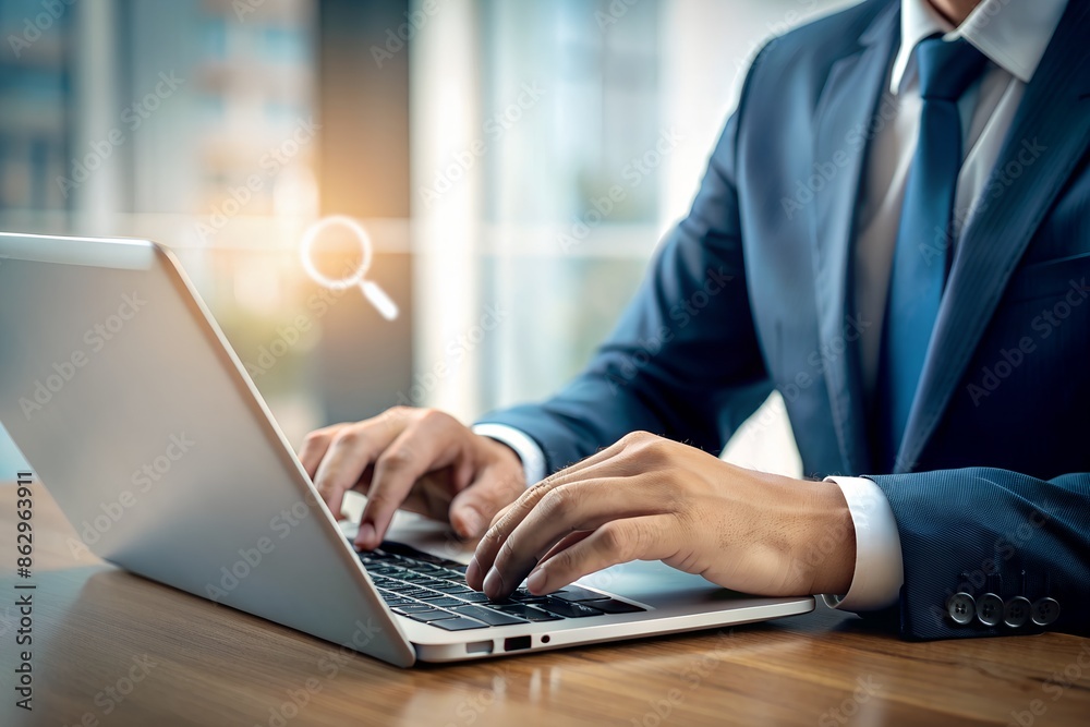 Businessman presses on laptop keyboard to use search engine (SEO) to find customers or promote and advertise online content for marketing technology and business solutions. Businessman presses on laptop keyboard to use search engine (SEO) to find customers or promote and advertise online content for marketing technology and business solutions.