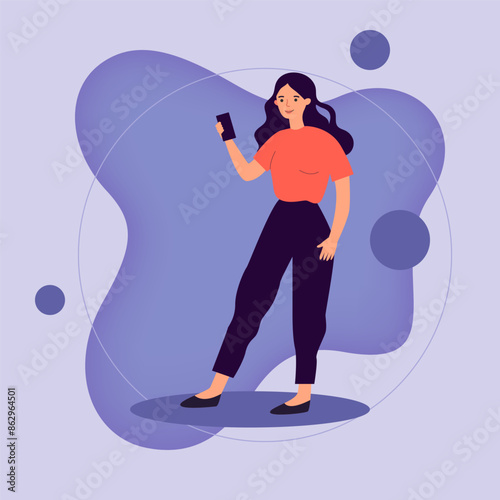 Young woman using modern smartphone.Cellphone user using 5G high speed wireless internet connection. Vector illustration for interaction, telecom, wi-fi, smart city concept