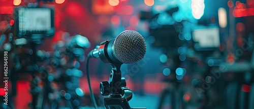 Close Up of a Microphone on Stage With Multiple Cameras in the Background Dur...