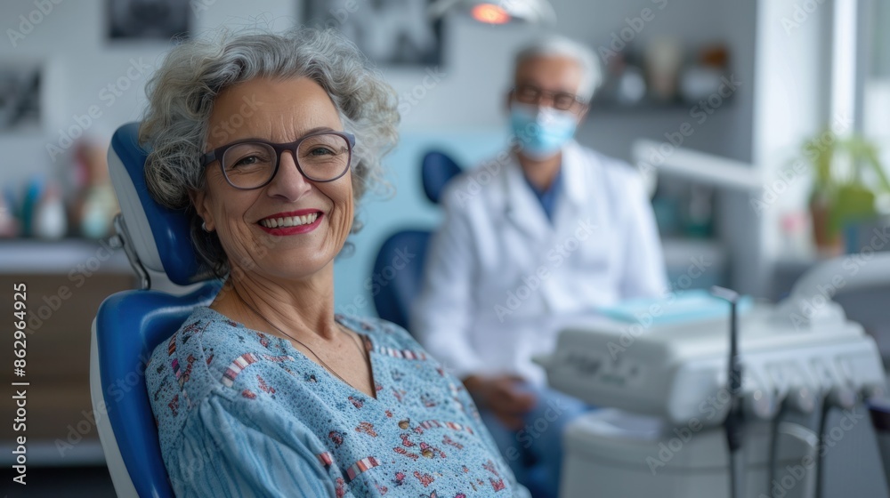 Obraz premium Smiling senior woman sitting on the dental chair at dentist clinic.