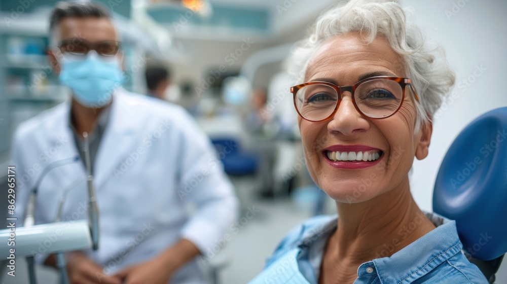 Fototapeta premium Smiling senior woman sitting on the dental chair at dentist clinic.