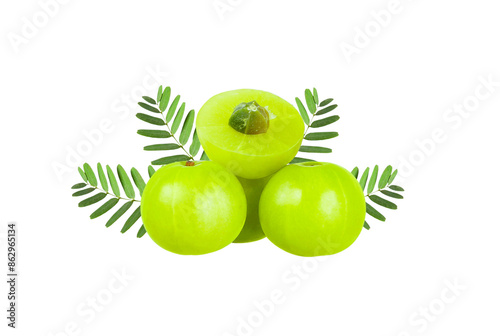 Fresh Amla (Indian gooseberry) fruits with cut in half and leaves isolated on white background