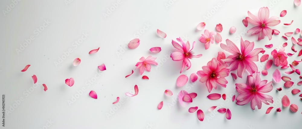 Delicate Pink Flowers and Petals Scattered on White Delicate Pink Flowers and Petals Scattered on White