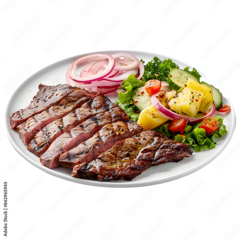 Traditional colombian grilled steak with salad on transparent background Traditional colombian grilled steak with salad on transparent background
