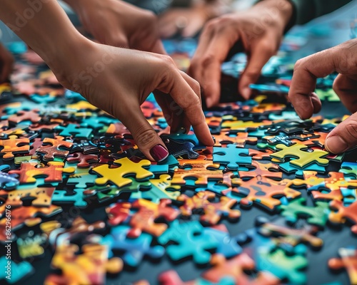 Diverse team assembling colorful puzzle, symbolizing contributions to a complex whole