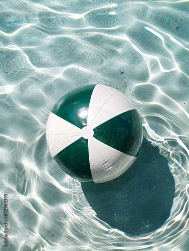 Top View of a dark green and white Beach Ball floating on Pool Water. Colorful Summer Wallpaper