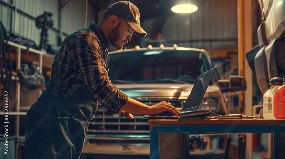 Professional mechanic using laptop while working at truck repair workshop. Professional mechanic using laptop while working at truck repair workshop.