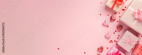Valentine themed pink background with hearts and  gift box tied with ribbon, and copy space for adding text