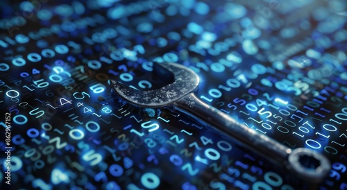 Digital Wrench Symbol on Binary Code Background