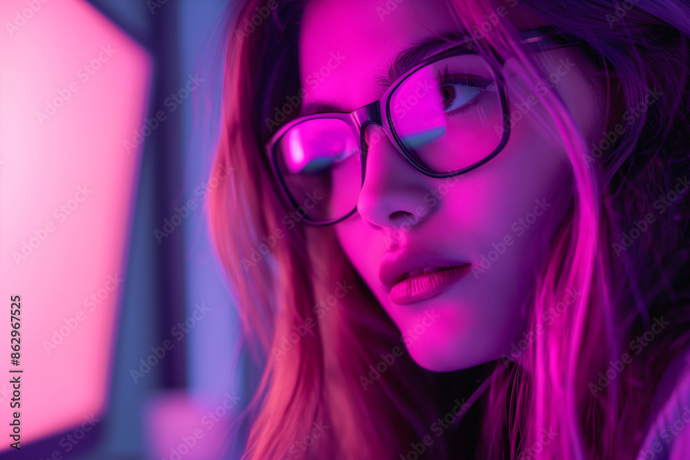 Portrait of a woman with glasses in front of colorful lighting