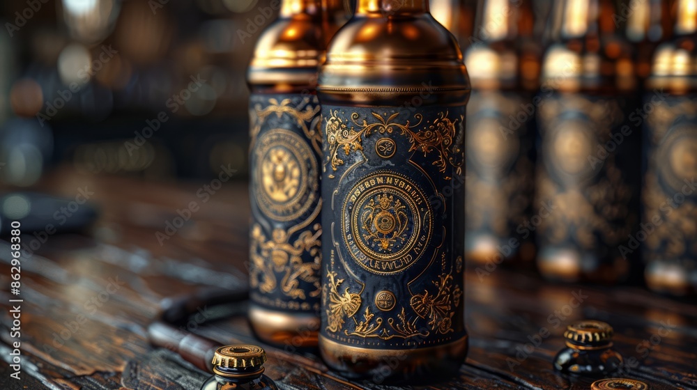 Close-up of a beer label with intricate design and brewing details. Close-up of a beer label with intricate design and brewing details.