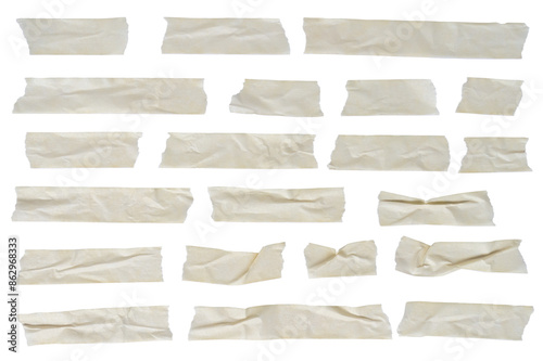 Assorted strips and pieces of masking adhesive tape isolated on a transparent background. Sticky scotch, duct paper. Design elements.