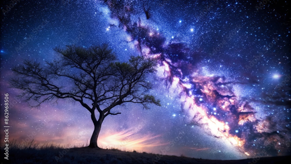 Obraz premium Dark silhouette of a lone tree branch reaches towards a vast starry night sky, twinkling with infinite possibilities in deep shades of indigo and purple.