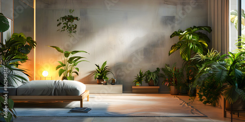 Imagen de una recamara lujosa con plantas y una cama estilo minimalista y lujoso  photo