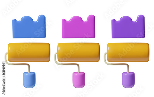 3d paint roller icons set with different color brush strokes. Minimal repair and renovation work tool three dimensional realistic vector illustration collection. Cute cartoon style design elements.