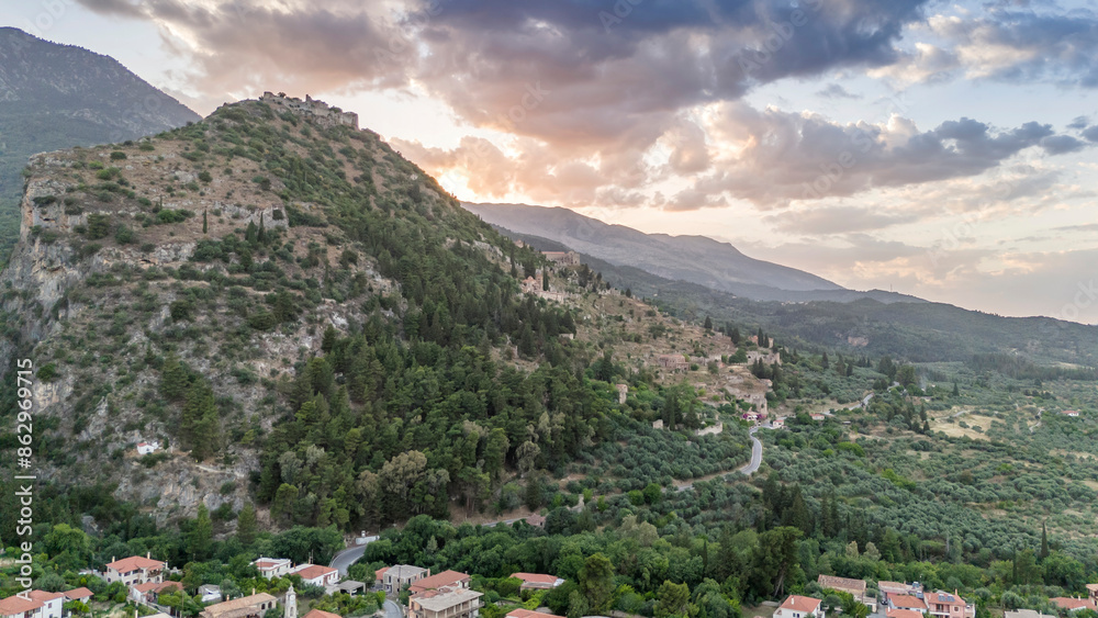 Aerial panoramic view of Sparta city with Taygetus mountains and ancient ruins remains in Peloponnese, Greece Aerial panoramic view of Sparta city with Taygetus mountains and ancient ruins remains in Peloponnese, Greece