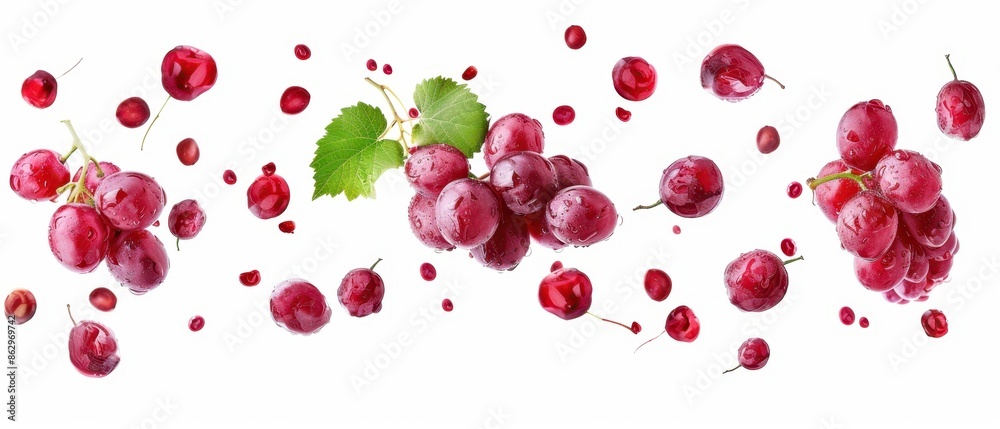 Red Grapes Falling in the Air with Water Droplets Red Grapes Falling in the Air with Water Droplets