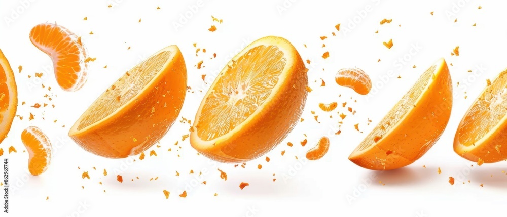 Orange Slices Falling In Air with Zest Orange Slices Falling In Air with Zest