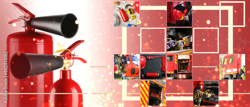 Bilde på lerret Collage with fire extinguishers, firefighter and firetruck