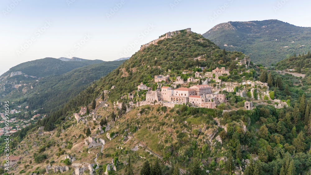 Ruins of old town in Mystras, Greece - archaeology background Ruins of old town in Mystras, Greece - archaeology background
