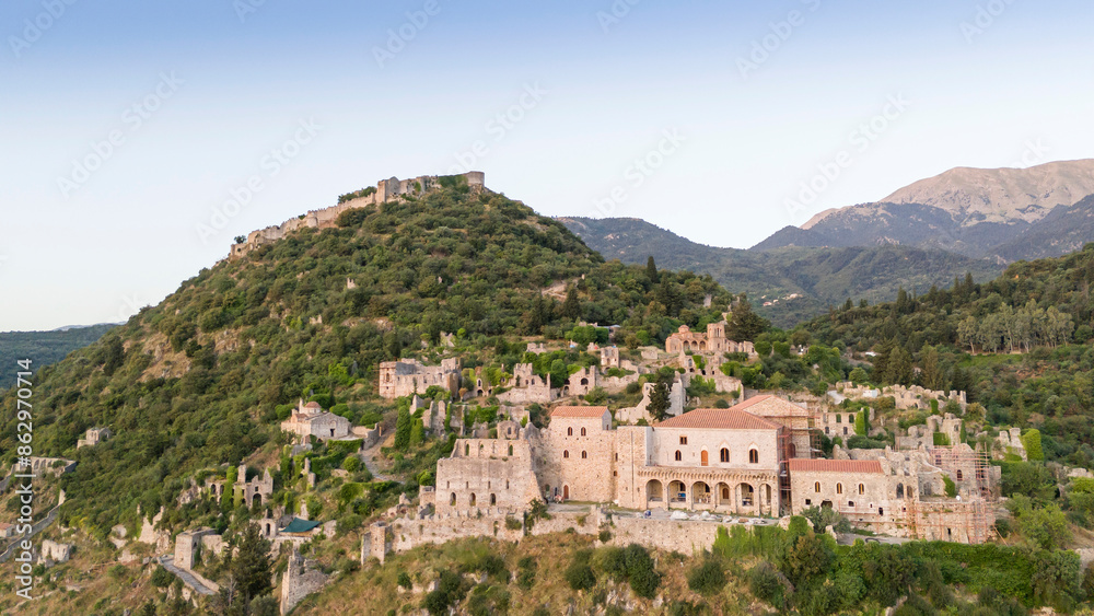 Ruins of old town in Mystras, Greece - archaeology background Ruins of old town in Mystras, Greece - archaeology background