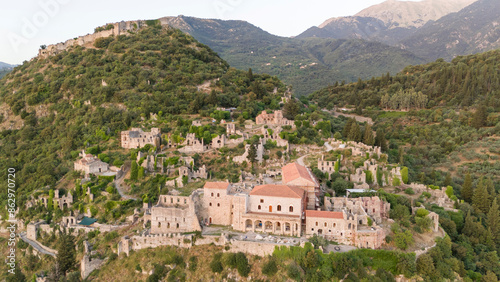 Ruins of old town in Mystras, Greece - archaeology background photo