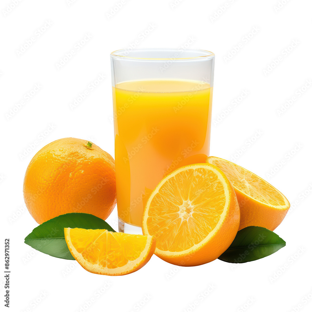Freshly squeezed orange juice in a glass, surrounded by whole and sliced oranges with green leaves, capturing a refreshing citrus drink essence. Freshly squeezed orange juice in a glass, surrounded by whole and sliced oranges with green leaves, capturing a refreshing citrus drink essence.