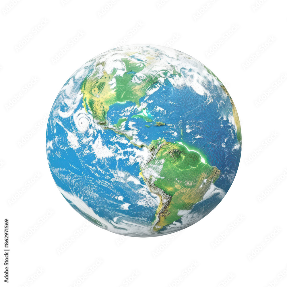 Earth showcasing continents, oceans, and cloud formations from a satellite perspective against a white background. Earth showcasing continents, oceans, and cloud formations from a satellite perspective against a white background.