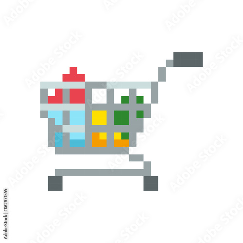 Shopping cart 8 bit icon, Shopping cart pixel item for game interface, Shopping cart game element resource.