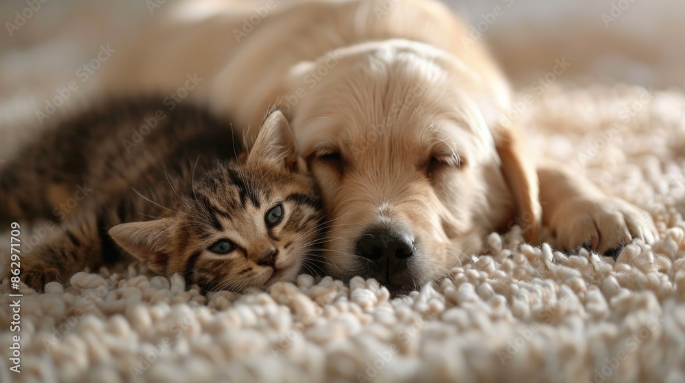 Front view of lovely cat and dog together laying and looking at camera Front view of lovely cat and dog together laying and looking at camera