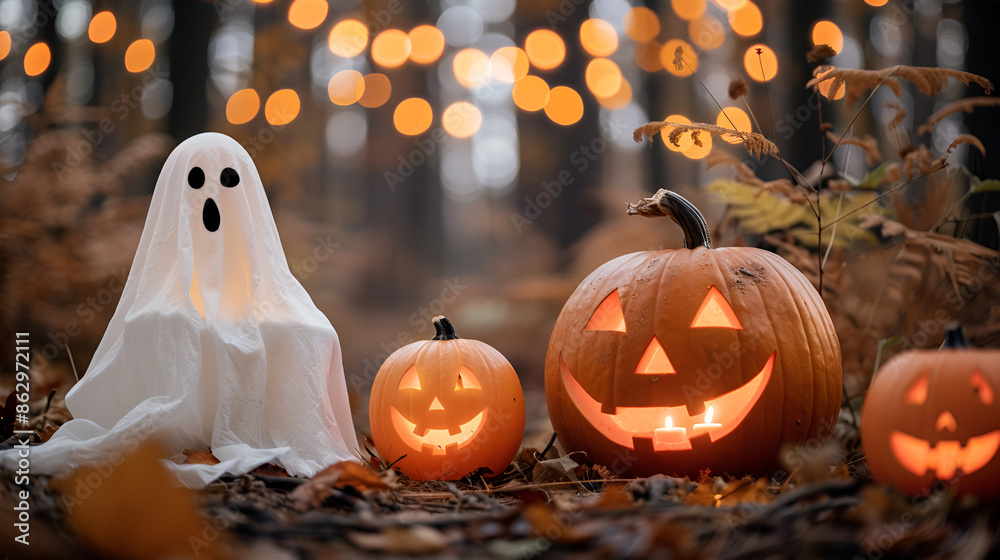 Spooky Halloween Scene with Pumpkins and Ghost Spooky Halloween Scene with Pumpkins and Ghost