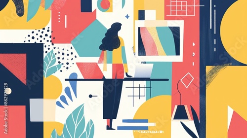 Abstract illustration of a person standing at a desk with a laptop, surrounded by geometric shapes and vibrant colors.