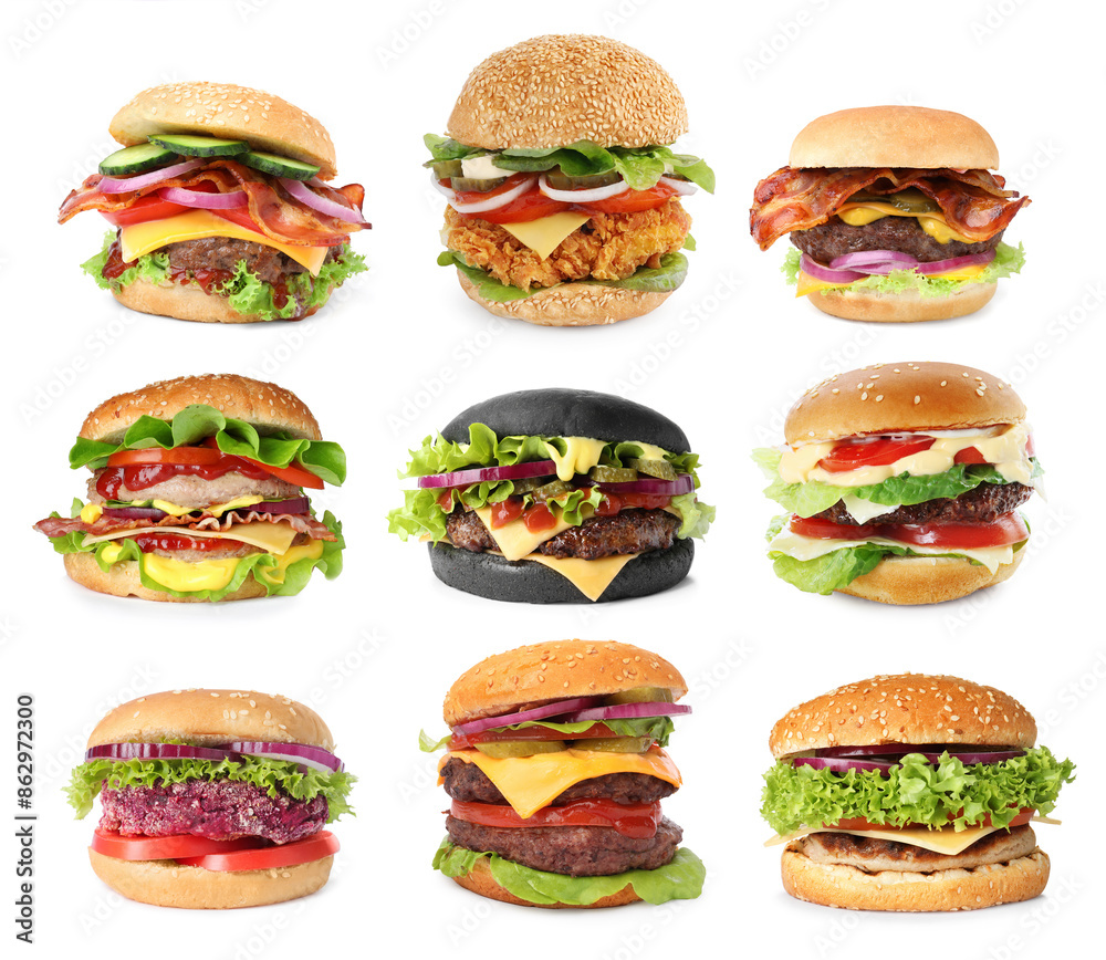 Different delicious burgers isolated on white, set Different delicious burgers isolated on white, set