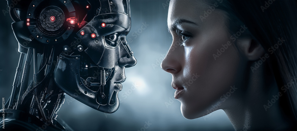 AI vs. Human Captivating Stare Down in Dramatic Light, Tension, Fears, and Hopes for the Future AI vs. Human Captivating Stare Down in Dramatic Light, Tension, Fears, and Hopes for the Future