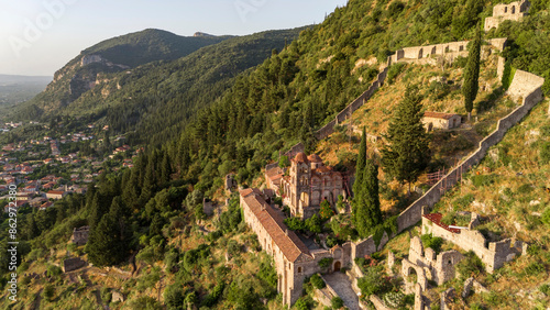 Ruins of old town in Mystras, Greece - archaeology background photo