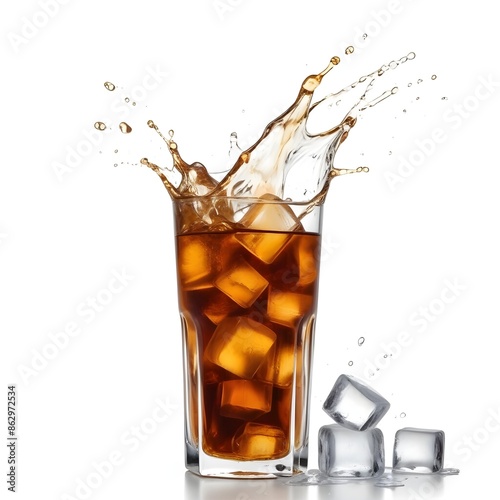 Cola with ice cubes splashing, white background and copy space