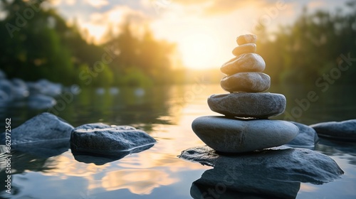 A serene scene of a stack of balanced stones by a calm river at sunset, with a forest in the background.