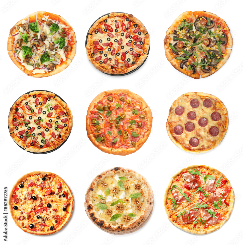 Different tasty pizzas isolated on white, collection Different tasty pizzas isolated on white, collection