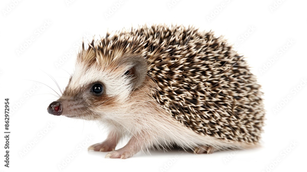 Adult male Four toed Hedgehog aka Atelerix albiventris. Sitting side ways, looking curiously up. Isolated on a white background. Adult male Four toed Hedgehog aka Atelerix albiventris. Sitting side ways, looking curiously up. Isolated on a white background.