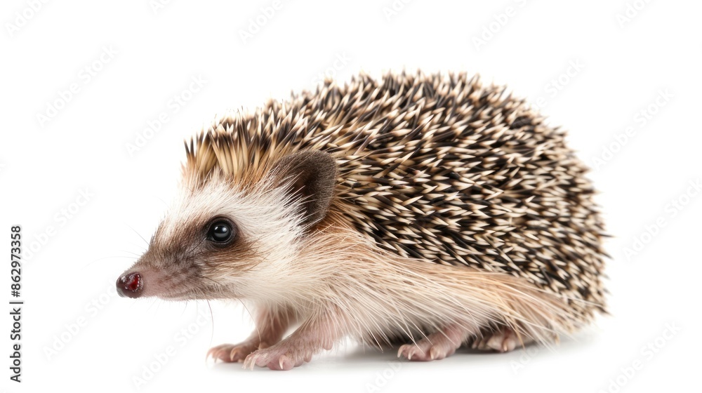 Fototapeta premium Adult male Four toed Hedgehog aka Atelerix albiventris. Sitting side ways, looking curiously up. Isolated on a white background. 
