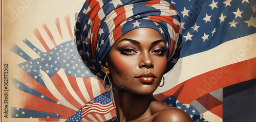 Proud and confident African-American woman dressed in the colors of the Star-Spangled Banner