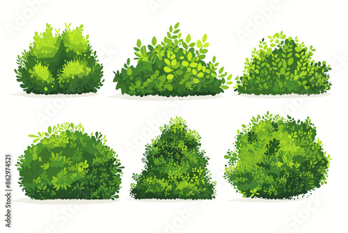 Set of vector bush illustrations on a white background. Green flat bushes on white background. Green grass vector set. Shrub bush shrubbery tree simple abstract. Eco element, foliage, stylized ecology